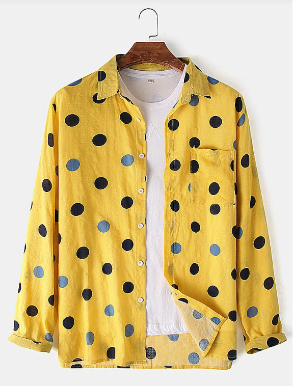 Mens Polka Dot Lapel Everyday Long-Sleeve Shirt Timeless Casual
