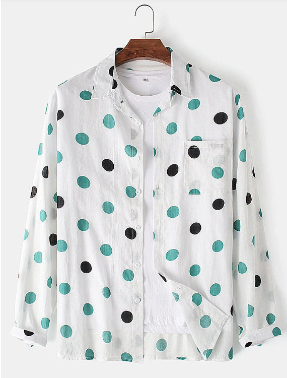 Mens Polka Dot Lapel Everyday Long-Sleeve Shirt Timeless Casual