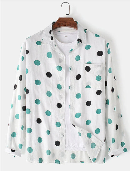 Mens Polka Dot Lapel Everyday Long-Sleeve Shirt Timeless Casual