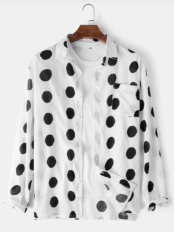 Mens Polka Dot Lapel Everyday Long-Sleeve Shirt Timeless Casual