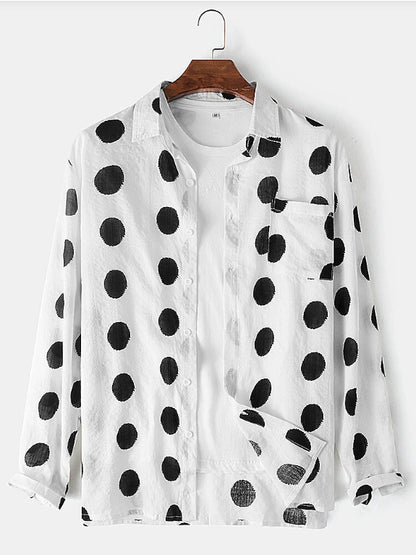 Mens Polka Dot Lapel Everyday Long-Sleeve Shirt Timeless Casual