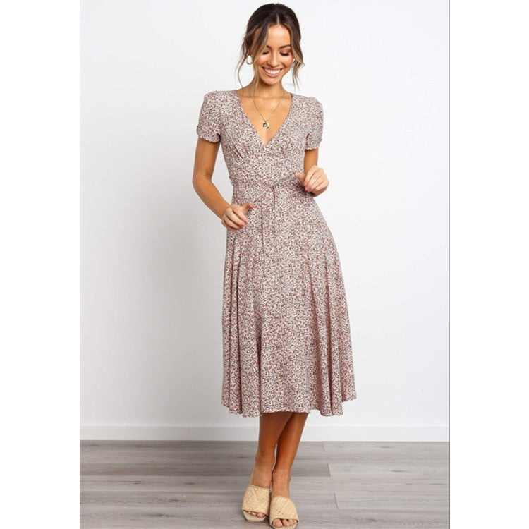 Ladies Dress Printed V-neck Short Sleeve Big Sleeve Long Skirt