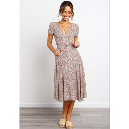 Ladies Dress Printed V-neck Short Sleeve Big Sleeve Long Skirt