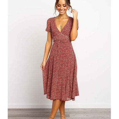 Ladies Dress Printed V-neck Short Sleeve Big Sleeve Long Skirt