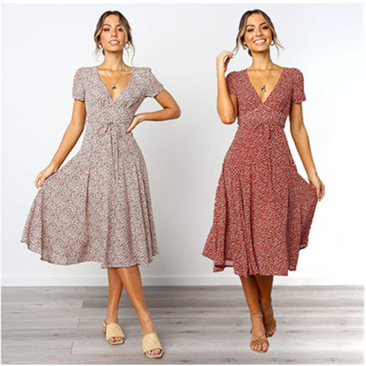 Ladies Dress Printed V-neck Short Sleeve Big Sleeve Long Skirt