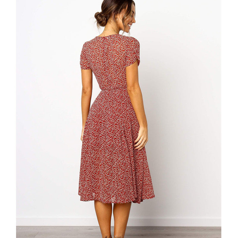 Ladies Dress Printed V-neck Short Sleeve Big Sleeve Long Skirt