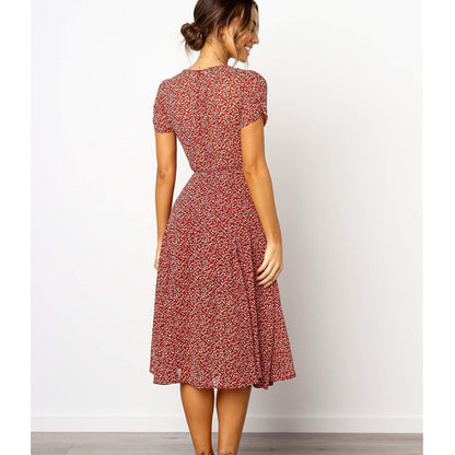 Ladies Dress Printed V-neck Short Sleeve Big Sleeve Long Skirt