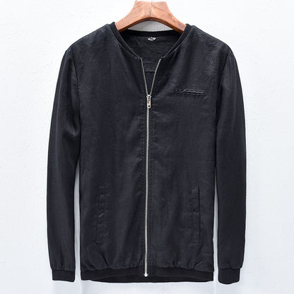 Men's Linen Jacket Solid Color Spring Autumn Fashion Long Sleeve Standing Collar High Quality Japanese Casual Harajuku Simple Jacket