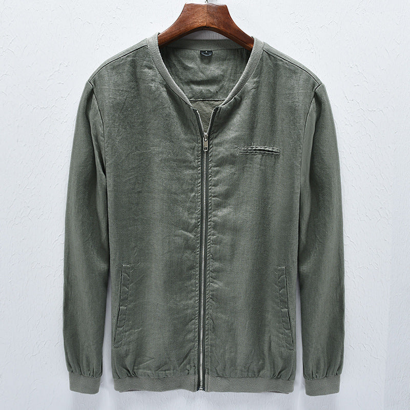 Men's Linen Jacket Solid Color Spring Autumn Fashion Long Sleeve Standing Collar High Quality Japanese Casual Harajuku Simple Jacket