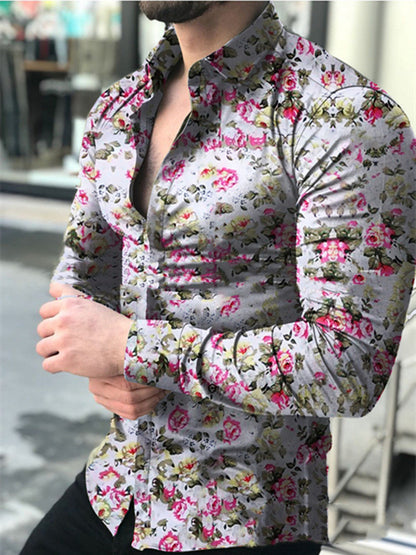 Fashion Lapel Autumn Winter Floral Print Long-Sleeve Casual Shirt Plus Size Elegance