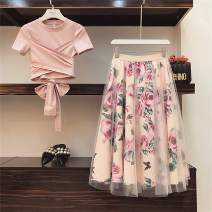 Women Irregular T Shirt Mesh Skirts Suits Tops Vintage Skirt