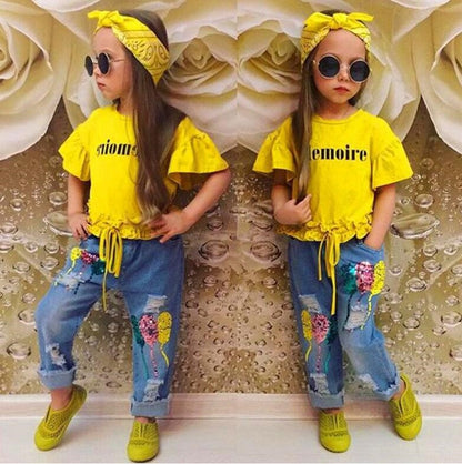 The Denim Duo: Yellow Letter Signature Tee & Jean Suit