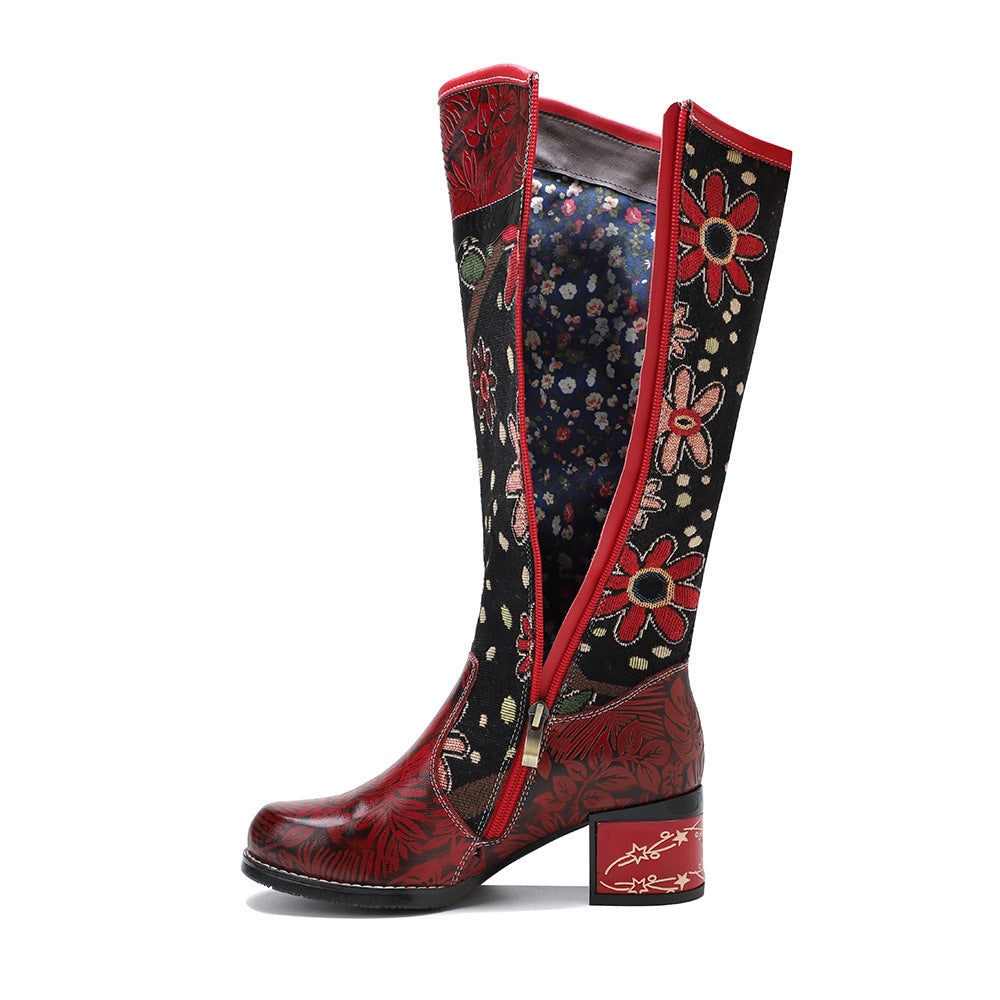 Casual Leather Retro Floral Ethnic Style Women'S Boots Adjustable Knee-Length Women'S Boots High Boots