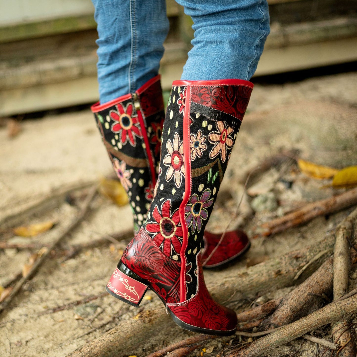 Casual Leather Retro Floral Ethnic Style Women'S Boots Adjustable Knee-Length Women'S Boots High Boots