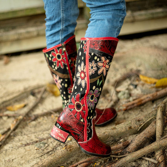 Casual Leather Retro Floral Ethnic Style Women'S Boots Adjustable Knee-Length Women'S Boots High Boots