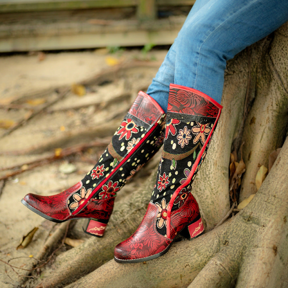 Casual Leather Retro Floral Ethnic Style Women'S Boots Adjustable Knee-Length Women'S Boots High Boots