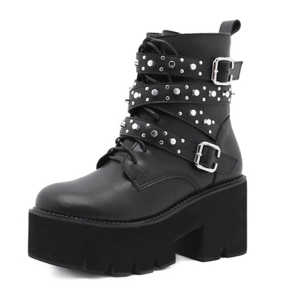 Lace-up Women's Boots With Platform Rivets