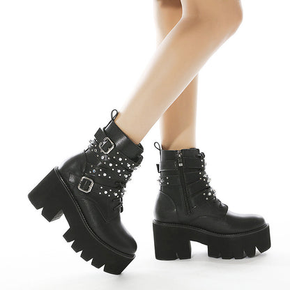 Lace-up Women's Boots With Platform Rivets