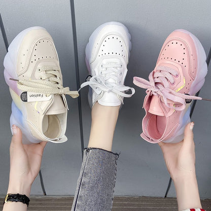 Spring Women Vulcanize Shoes Fashion PU Leather Round Toe Comfortable Women Casual Shoes Mesh Breathable Platform Sneakers