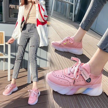 Spring Women Vulcanize Shoes Fashion PU Leather Round Toe Comfortable Women Casual Shoes Mesh Breathable Platform Sneakers