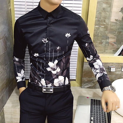 Deep Black Rose Pattern Digital Print Long Sleeve Shirt