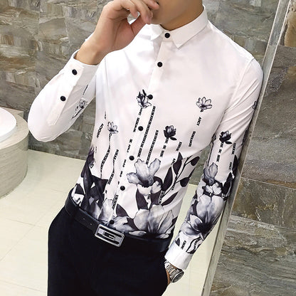 Deep Black Rose Pattern Digital Print Long Sleeve Shirt