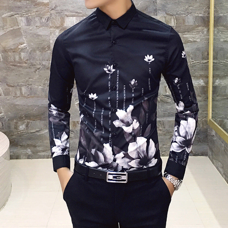 Deep Black Rose Pattern Digital Print Long Sleeve Shirt