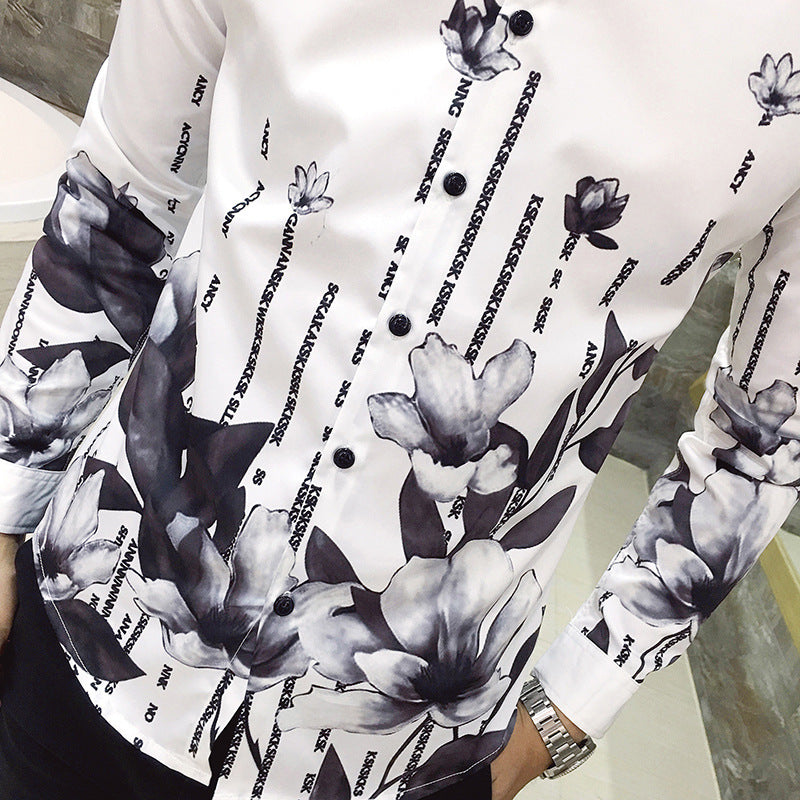 Deep Black Rose Pattern Digital Print Long Sleeve Shirt