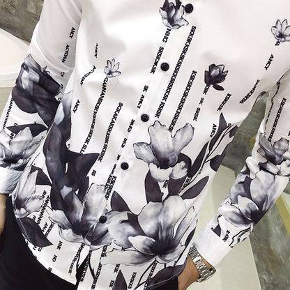 Deep Black Rose Pattern Digital Print Long Sleeve Shirt