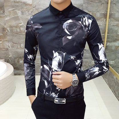 Deep Black Rose Pattern Digital Print Long Sleeve Shirt