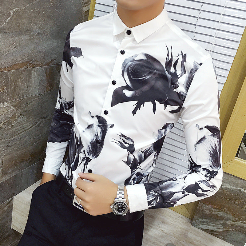 Deep Black Rose Pattern Digital Print Long Sleeve Shirt