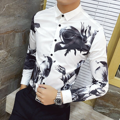Deep Black Rose Pattern Digital Print Long Sleeve Shirt