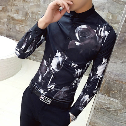 Deep Black Rose Pattern Digital Print Long Sleeve Shirt