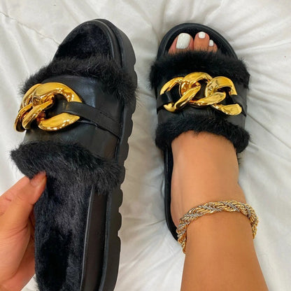 Round-Toe Platform Mid-Heel And Furry Metal Chain Slippers