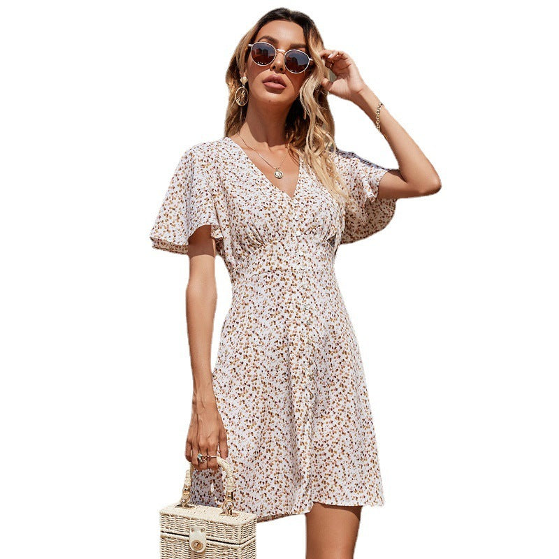 Printed Fashion Sweet Chiffon Short Sleeve Ladies Dress