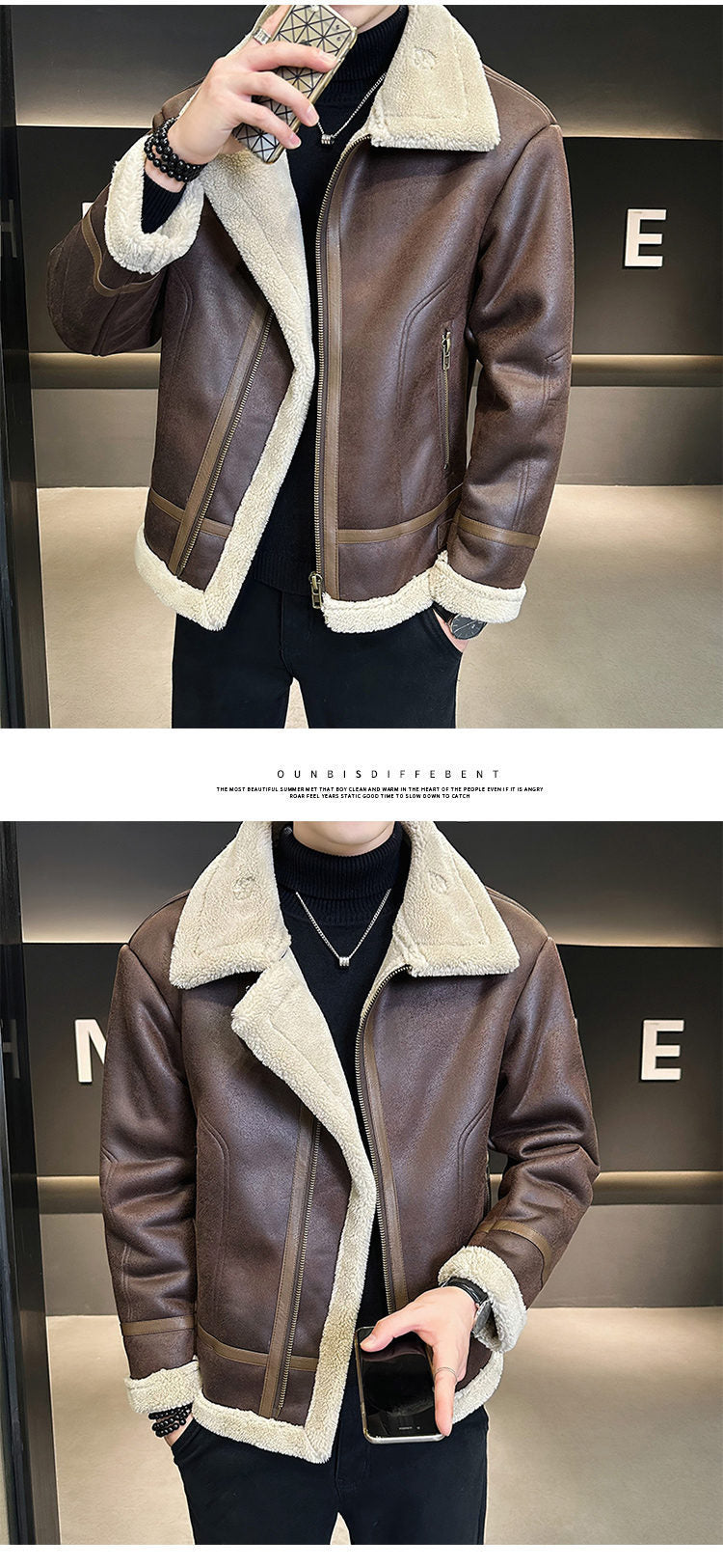 Fur Integrated Motorcycle Jacket Mens Fleece-Lined Thickened Leather Opulent Protection