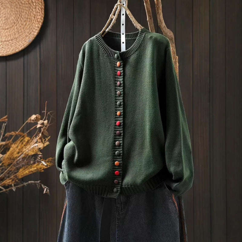 Retro Artistic Coat With Color Buttons Is Loose And Casual