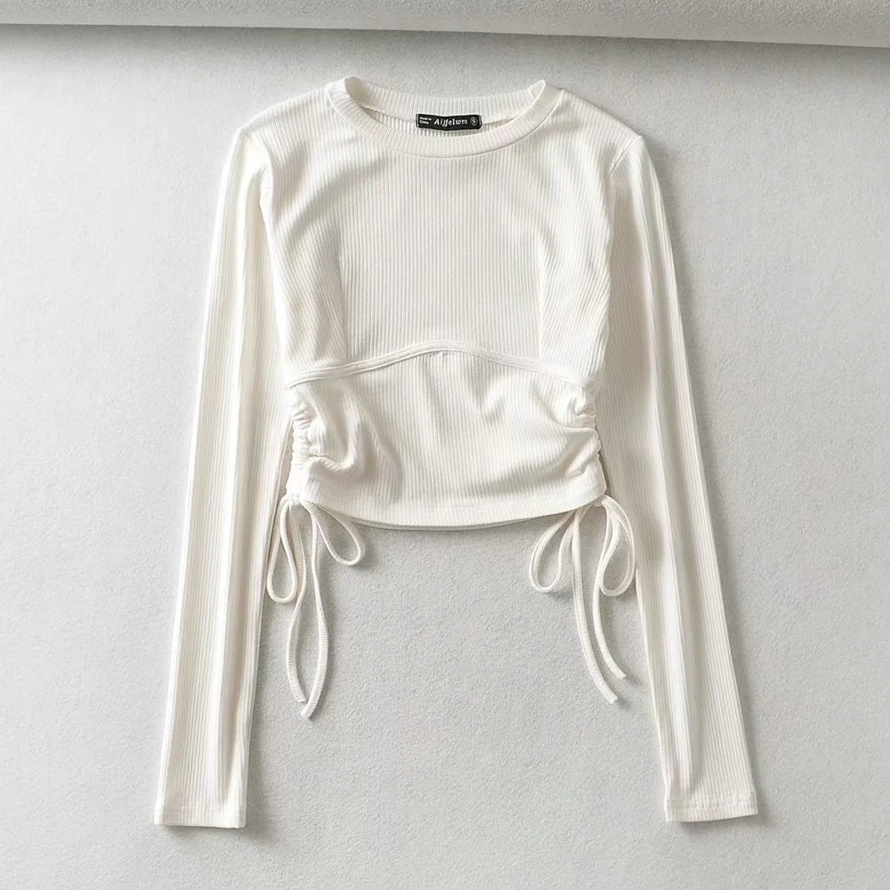 Side drawstring long sleeve T-shirt
