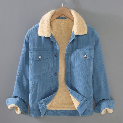 Mens Corduroy Workwear American Retro Lapels Jacket Heavy Imitation Lamb Wool Thickened Cotton-Padded Heritage Labor