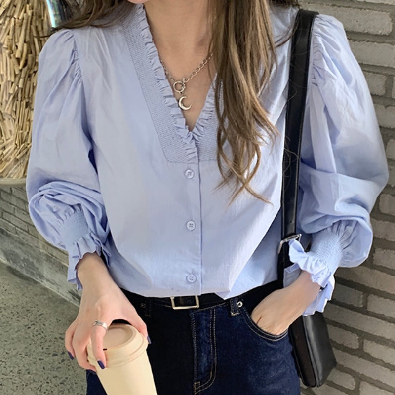 V Neck Pleated Fungus Trimmed Puff Sleeves