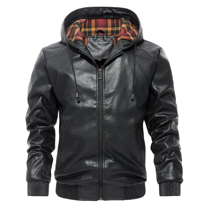 Mens Casual Hooded Leather Coat Trendy All-Match Essential