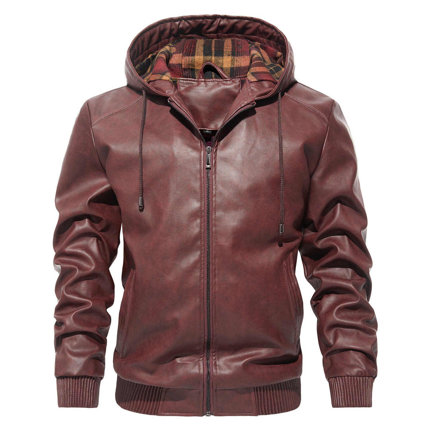 Mens Casual Hooded Leather Coat Trendy All-Match Essential