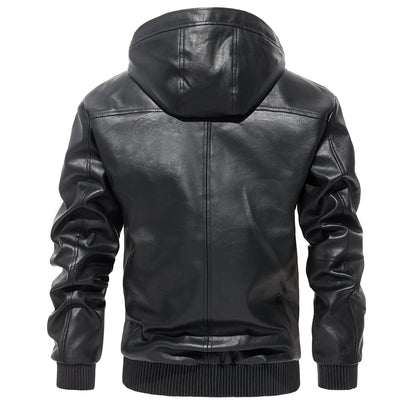 Mens Casual Hooded Leather Coat Trendy All-Match Essential