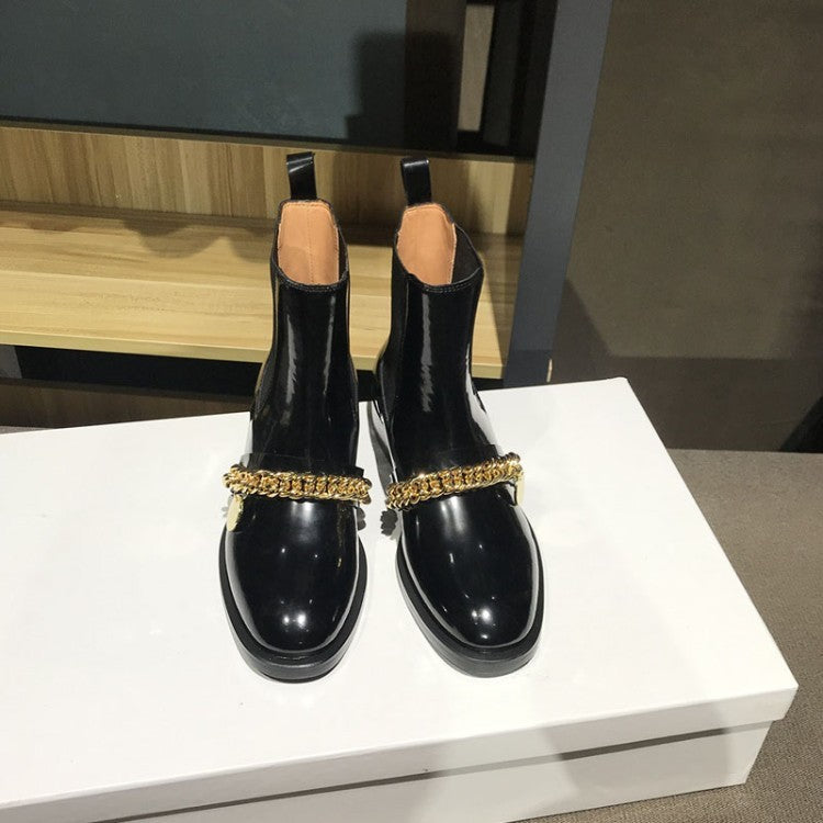 Round toe personality metal chain flat mid-heel women's boots