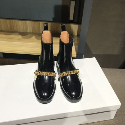 Round toe personality metal chain flat mid-heel women's boots