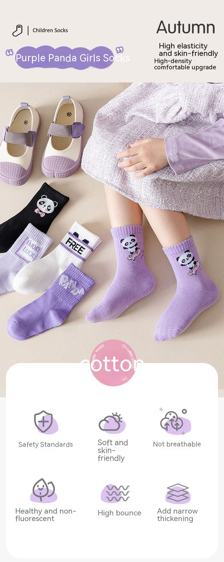 The Panda Athletic: Purple Panda Cartoon Mid-Tube Athletic Socks