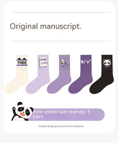 The Panda Athletic: Purple Panda Cartoon Mid-Tube Athletic Socks