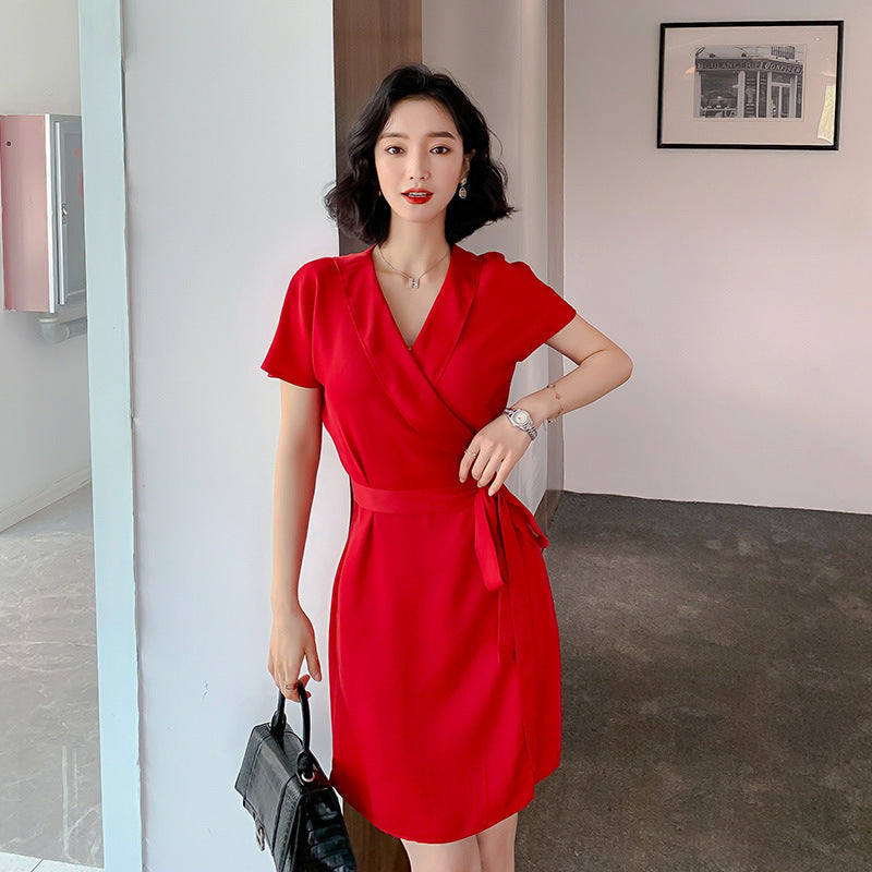 Ladies Fashion Belt Short Sleeve Dress