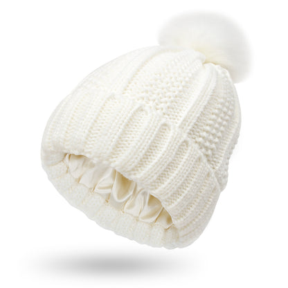Faux Fur Pom-Pom Beanie Hat | Women's Fleece-Lined Stretchy Knit Winter Skull Cap