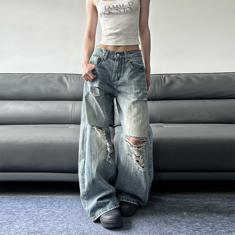 Design Sense Niche Loose Retro Destroyed Pants